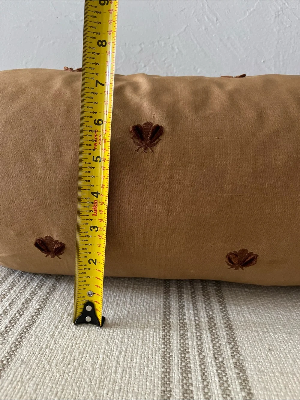 Tan/Brown Decorative Bolster Pillow with Embroidered Bee Accents